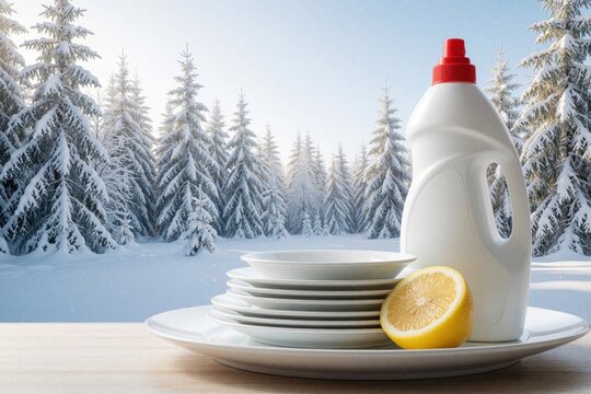 White plastic bottle of dishwashing liquid stands with stack of clean plates, fresh lemon. Household detergent product sits on table against winter forest landscape with snow covered pine trees.