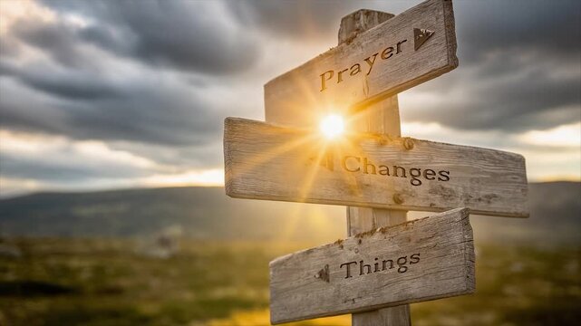 Prayer changes things signpost timelapse during golden hour. 4k video footage.