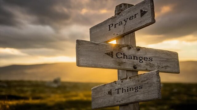 Prayer changes things signpost timelapse during golden hour. 4k video footage.