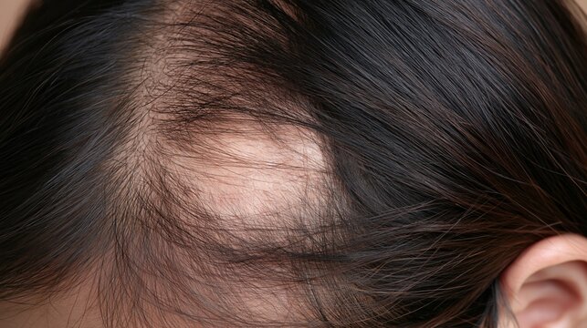 Scalp closeup showing bald patch from alopecia areata with dark hair and skin tone Generative AI