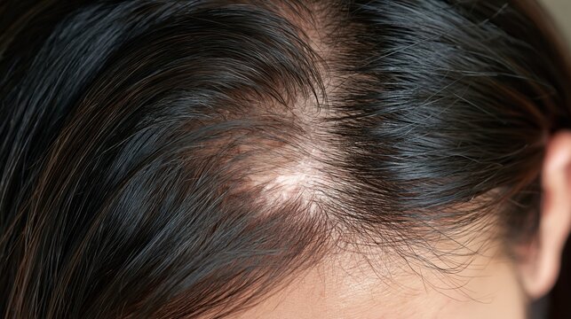 Bald patch from alopecia areata shown in closeup on a human scalp Generative AI
