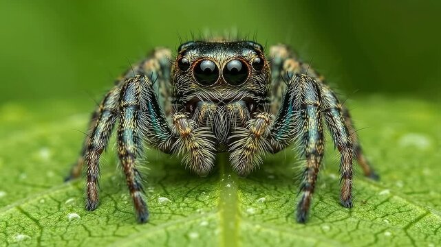 Close-up Macro Shot of a Jumping Spider on a Green Leaf.