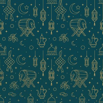 Ramadan and Eid line art pattern in gold on teal background