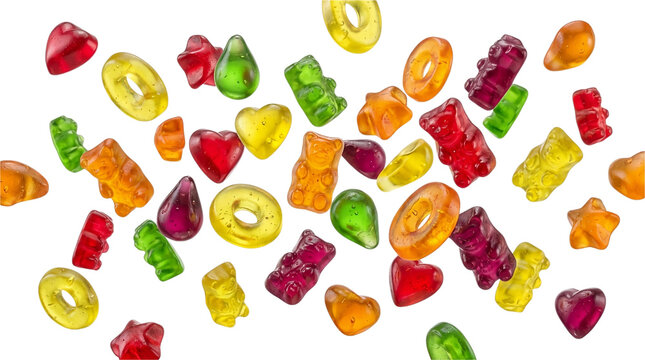 Colorful gummy candies in bear, heart, star and ring shapes flying in the air, falling jelly sweets isolated on white background