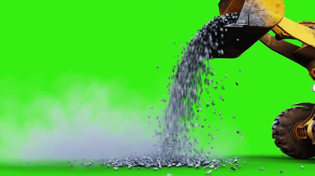 Heavy Wheeled Loader Reversing and Unloading Gravel from Raised Bucket on Green Screen with Animated Dust.