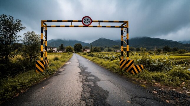 Yellow height restriction barrier stands on rural asphalt road. Sign shows 2. 5m limit for vehicles. Green fields, mountains under cloudy sky create scenic landscape. Empty country way leads through