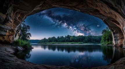 Fototapeta premium Starry night sky with Milky Way galaxy visible through large natural stone arch. Calm river reflects bright stars, cosmic nebula. Dark rock cave overlooks forest landscape, peaceful water under deep