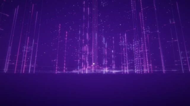 Abstract 3d animation of glowing purple digital data lines and sparkling particles in a futuristic cyber space background