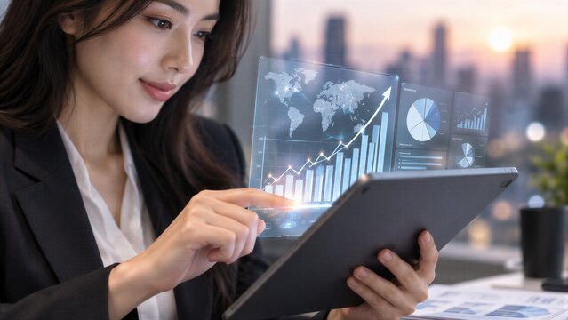 Businesswoman using tablet to analyze financial data, investment performance, and marketing charts for strategic planning and business goals.