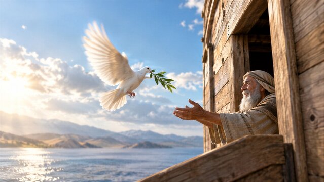 Dove Alighting on Noah's Ark with a Fresh Olive Leaf, Symbolizing Peace and New Beginnings.