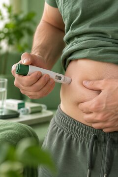 Patient Self-Administering Auto-Injector Injection in Abdomen for Biologic Allergy Therapy or GLP-1 Medication.