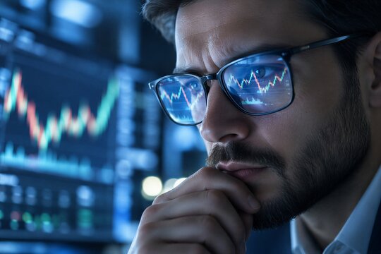 Focused trader wearing eyeglasses with glowing stock market chart reflection, a serious crypto investor analyzing the cryptocurrency market for finance, trading, and investment.