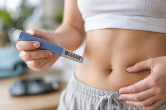 GLP-1 Injection Pen Held in Front of Abdomen for Weight Management and Diabetes Treatment