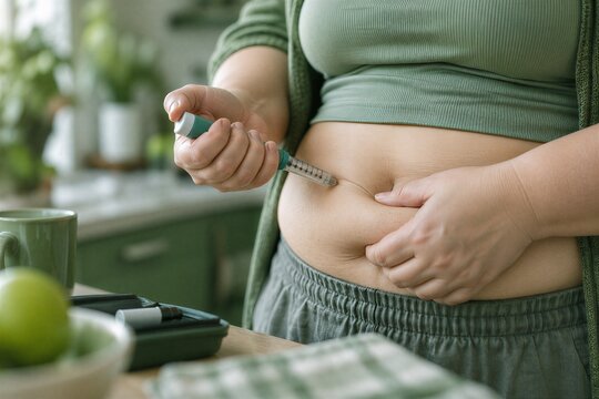 Overweight Patient Performing Self-Injection of Medication into Abdomen at Home for Diabetes and Weight Loss Management