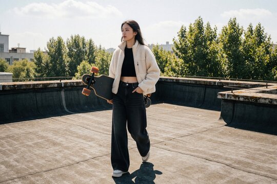 Young woman carries longboard on urban rooftop. Trendy girl walks near concrete ledge with city trees, blue sky background. Casual fashion outfit with baggy jeans, white fleece jacket. Sunny day