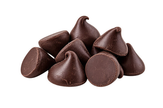 Pile of dark chocolate morsels, cocoa drops isolated on transparent background. Baking ingredients, confectionery, sweet dessert, culinary decoration.