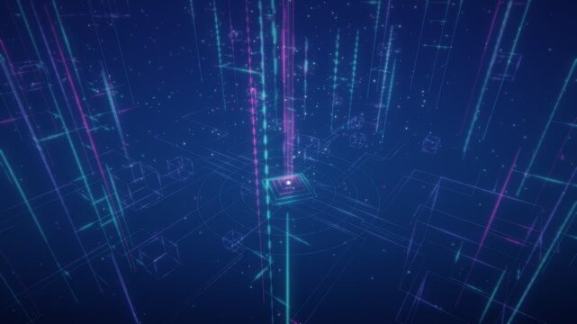 Abstract 3d animation of glowing digital data streams and neon light lines in a futuristic blue space