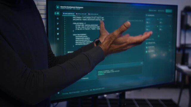 Multi-ethnic middle aged specialist gesturing while explaining programming code on large monitor. Footage useful for cybersecurity corporate training and software development presentations