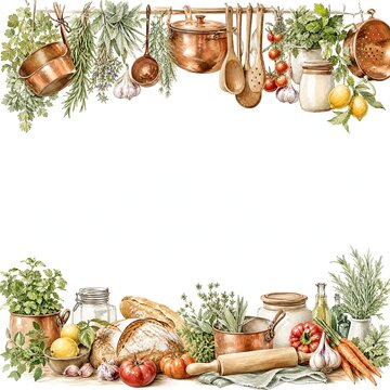 Watercolor Top And Bottom Kitchen Borders Of Herbs And Bread