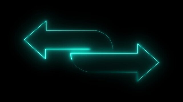 Glowing neon Abstract double arrow icon with left and right side animation black background 4k video.