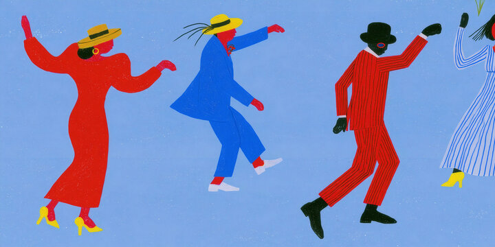 Colorful Fashion Illustration of Dancing Figures in Modern Art Style, ai generated.