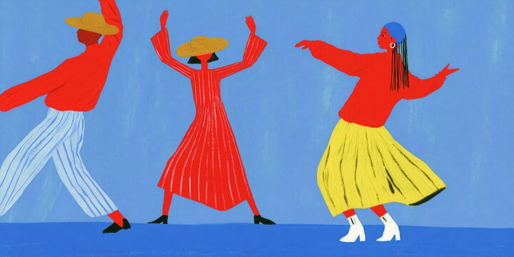 Colorful Fashion Illustration of Dancing Figures in Modern Art Style, ai generated.