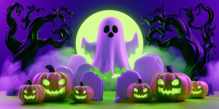 Cute Halloween Ghost Surrounded by Glowing Jack O Lantern Pumpkins, ai generated.