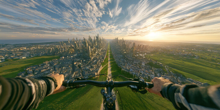 Futuristic Bicycle Ride Toward Sustainable Megacity Skyline, ai generated.