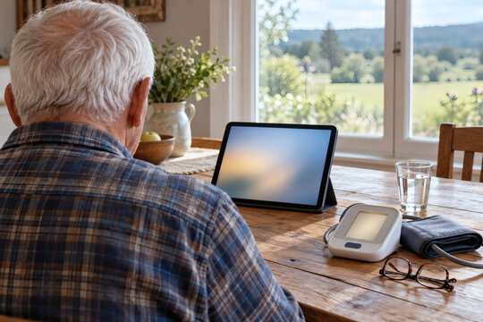 Senior man viewing a tablet beside a blood pressure monitor