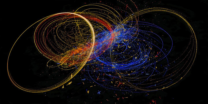 Abstract Orbital Particle System with Chaotic Cosmic Motion Trails, ai generated.