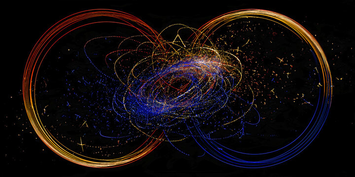 Abstract Orbital Particle System with Chaotic Cosmic Motion Trails, ai generated.