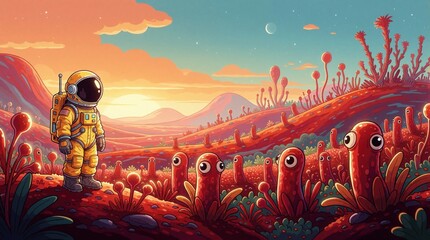 Fototapeta premium Astronaut explores alien planet with strange red plants, funny creatures. Sci-fi adventure in colorful cartoon style. Explorer discovers extraterrestrial life forms on distant world under sunset sky.