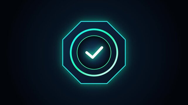 Glowing cyan digital checkmark symbol within a futuristic octagon frame