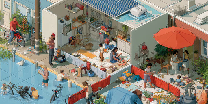 Isometric Climate Change Urban Flood Diorama, ai generated.
