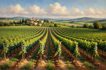 Fototapeta premium Scenic view of green vineyard in Tuscany Italy. Rows of grape vines grow on sunny hills under blue sky with clouds. Small old village sits on hilltop overlooking agriculture farm land, beautiful