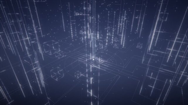 Abstract 3d digital data stream with glowing lines and geometric cubes in a dark blue space