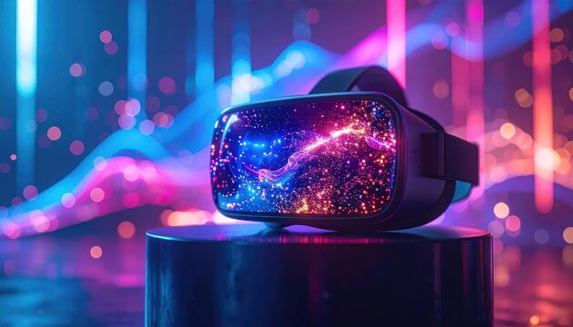 Virtual reality headset on display pedestal.