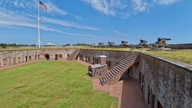 An elevated reveal places artillery in the foreground against a distant coastal horizon.
