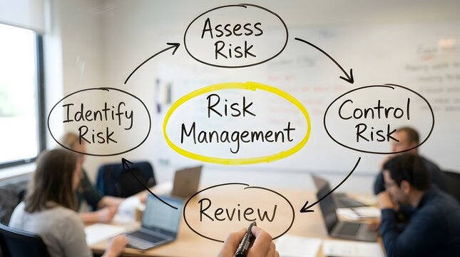 Business team reviewing risk management cycle diagram on glass board