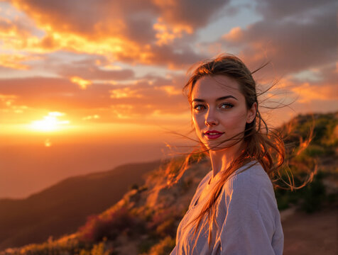 Hyperrealistic portrait of a confident young woman standing on a cliff at sunrise; with wind-blown hair and cinematic golden hour lighting.