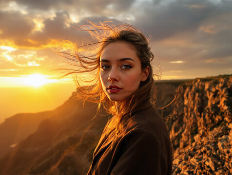 Hyperrealistic portrait of a confident young woman standing on a cliff at sunrise; with wind-blown hair and cinematic golden hour lighting.