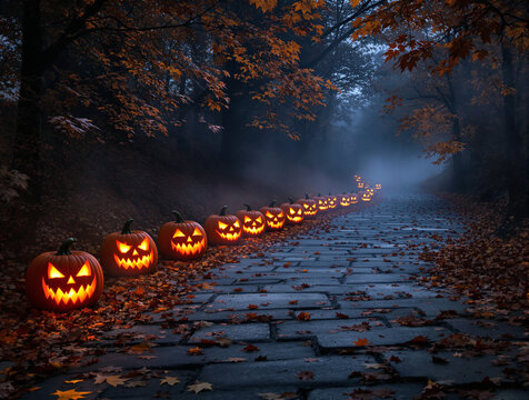 Outdoor Halloween scene with a row of glowing carved jack-o'-lanterns along a dark pathway. Mist and scattered autumn leaves create a cozy yet eerie atmosphere with ultra-detailed textures.