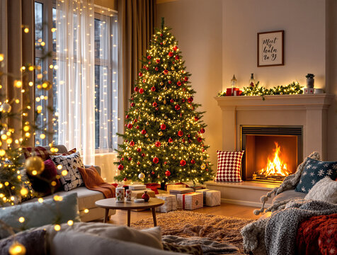 Hyperrealistic cozy Christmas evening in a living room with a decorated tree and glowing fireplace. Warm lighting and festive decorations create a peaceful holiday atmosphere.