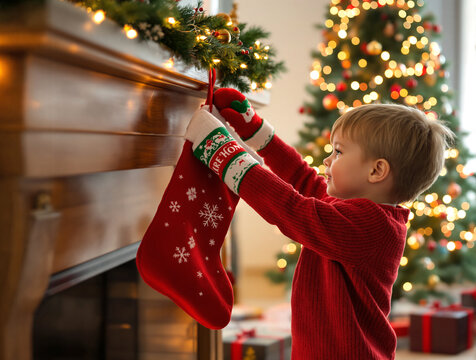 young child hanging a Christmas stocking on a fireplace mantel. Warm indoor lighting and a decorated Christmas tree create a cozy, festive holiday atmosphere.