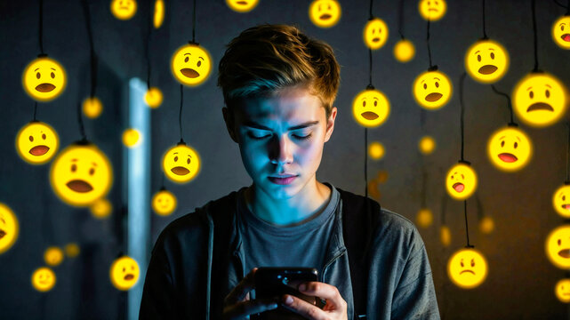 Conceptual image of a worried boy looking down at his smartphone surrounded by floating angry, sad, and shocked emojis