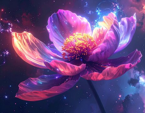 A gigantic, surreal flower emerging from stardust, blending vivid neon colors with ethereal cosmic light. Perfect for fantasy-inspired fine art.