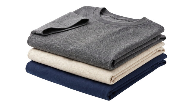 Folded cotton t-shirts in grey, beige and navy blue, stack of three basic crew neck shirts, soft textile apparel for retail and laundry organization isolated PNG with Transparent Background