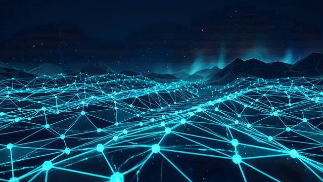 Digital landscape with a glowing blue wireframe mesh grid over dark mountains, representing virtual reality, network connectivity, and data terrain