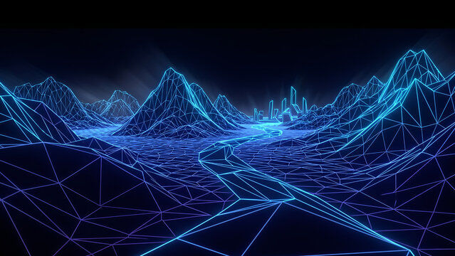 Futuristic blue wireframe landscape with glowing geometric mountains and a winding path in a dark digital virtual reality environment or cyberspace