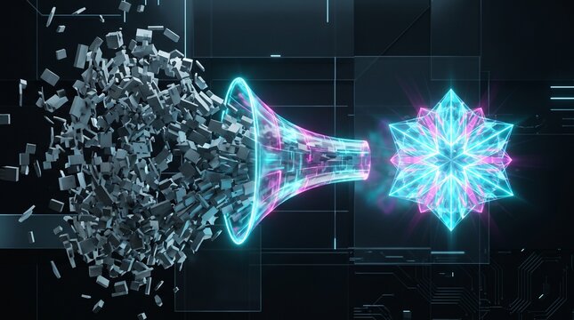 3D abstract visualization of chaotic data transforming into an organized luminous crystal data core.